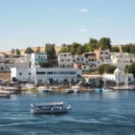 Aswan Egypt Nile view with feluccas