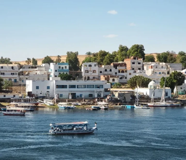 Aswan Egypt Nile view with feluccas