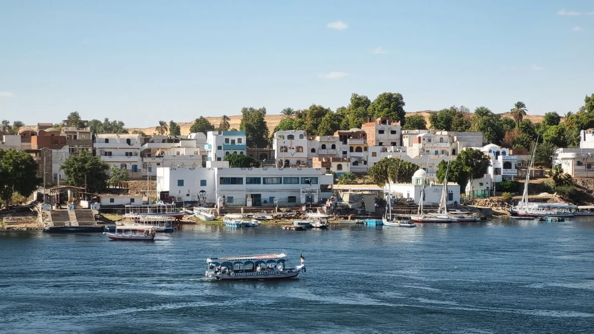 Aswan Egypt Nile view with feluccas