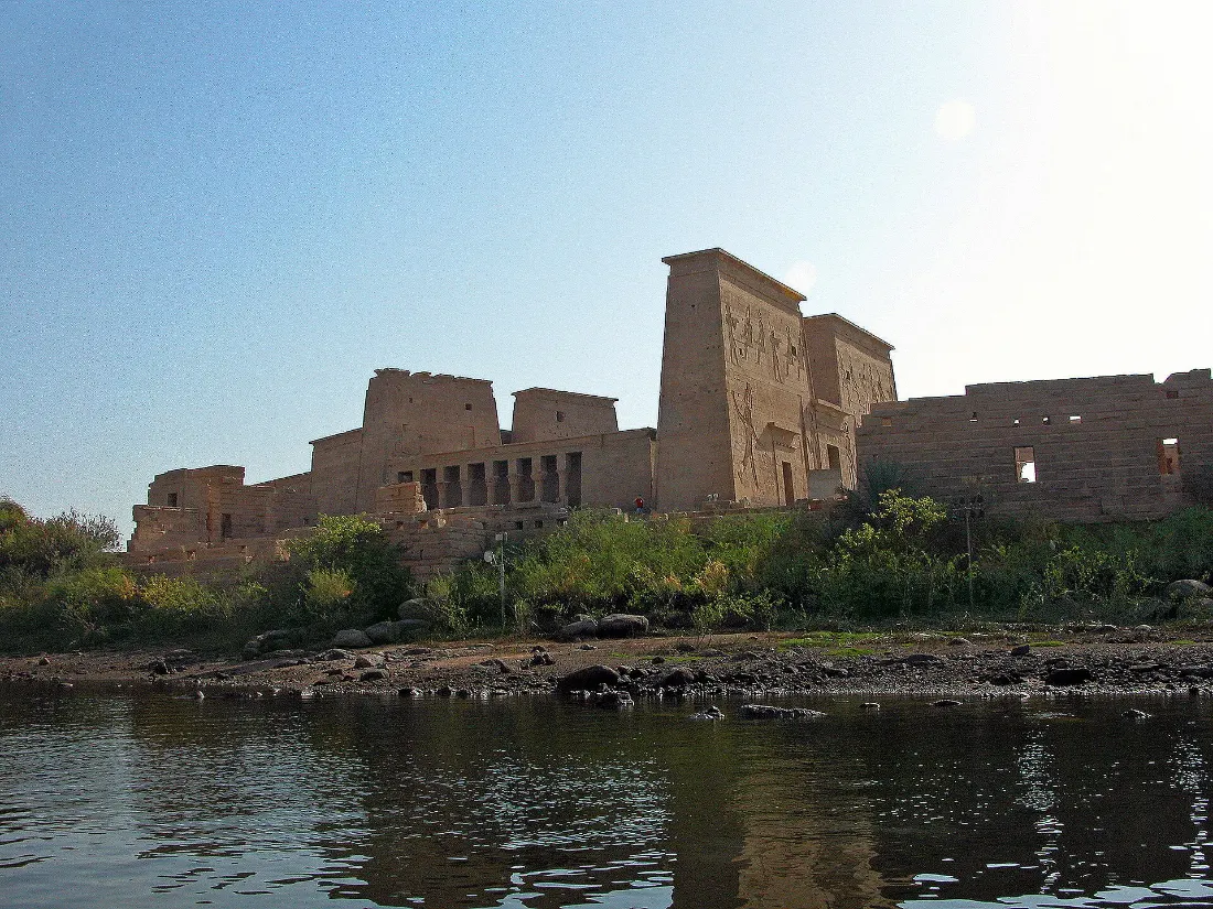 Boat approach to Philae on a Christmas Egypt tour