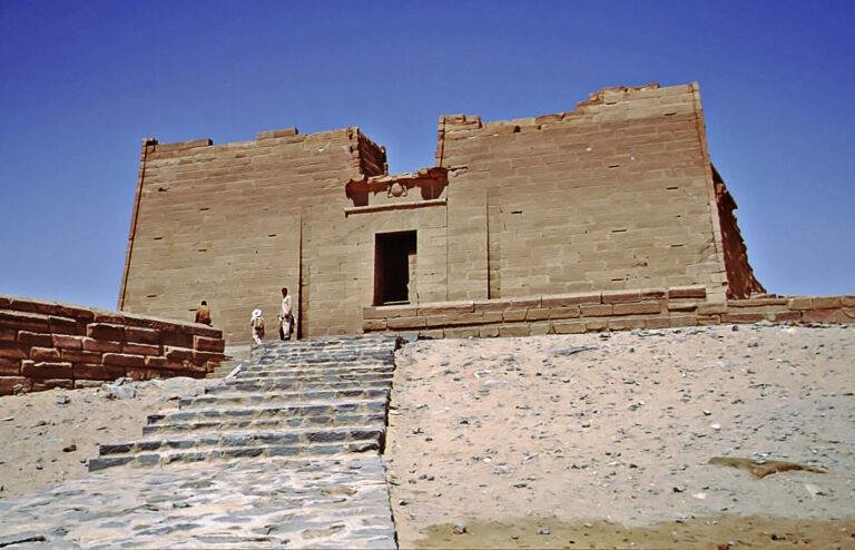 Kalabsha Temple pylon and entrance under a blue sky near Aswan, Egypt