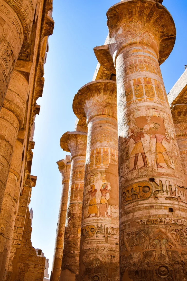 Ornamented painted columns at Karnak Temple near Luxor