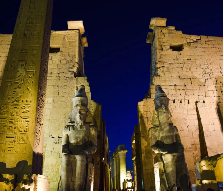 Illuminated Egyptian temple at night, one of the things to do in Hurghada at night