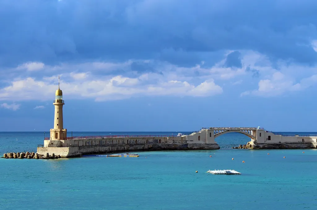 Mediterranean sea and lighthouse beside Alexandria harbour