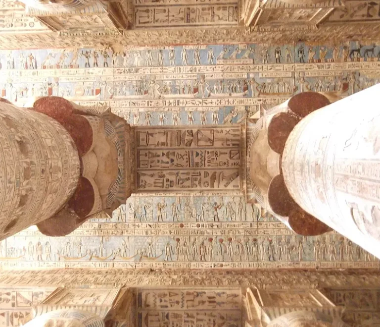 Painted ceiling and Hathor columns at Dendera Temple, home of the ancient Egyptian Dendera Zodiac