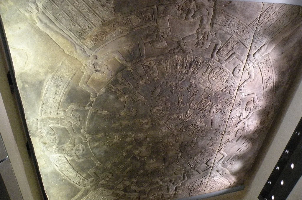 Original ancient Egyptian Dendera Zodiac relief displayed at the Louvre Museum in Paris