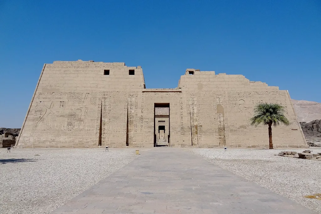 First pylon of Medinet Habu, Ramesses III's temple of millions of years, near the Beautiful Festival of the Valley route in Luxor