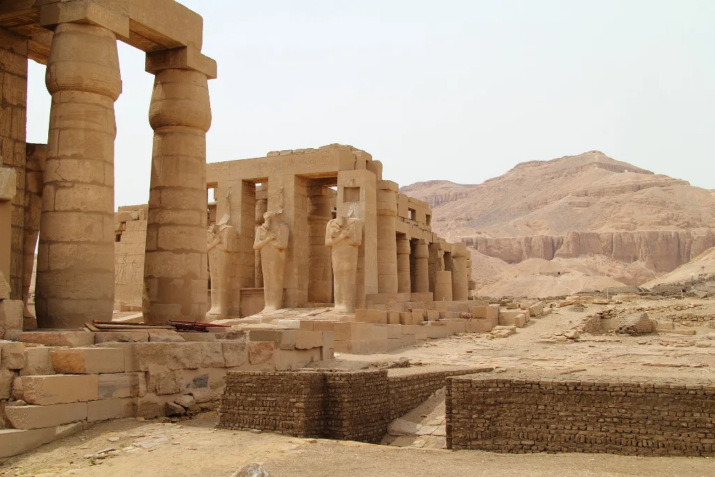 Osiris-pillar colonnade of the Ramesseum, a West Bank mortuary temple on the Beautiful Festival of the Valley trail in Luxor