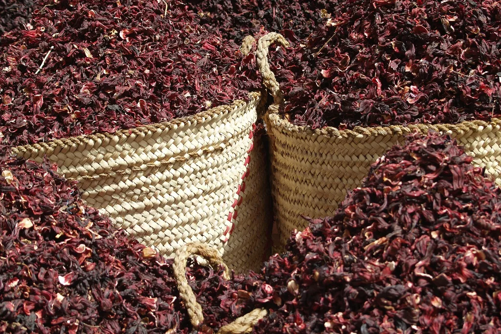 Dried hibiscus in an Aswan souk, a budget-friendly Christmas travel souvenir - cheap christmas vacations