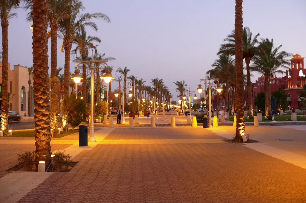Hurghada promenade at dusk, a free evening walk on cheap trips for New Years