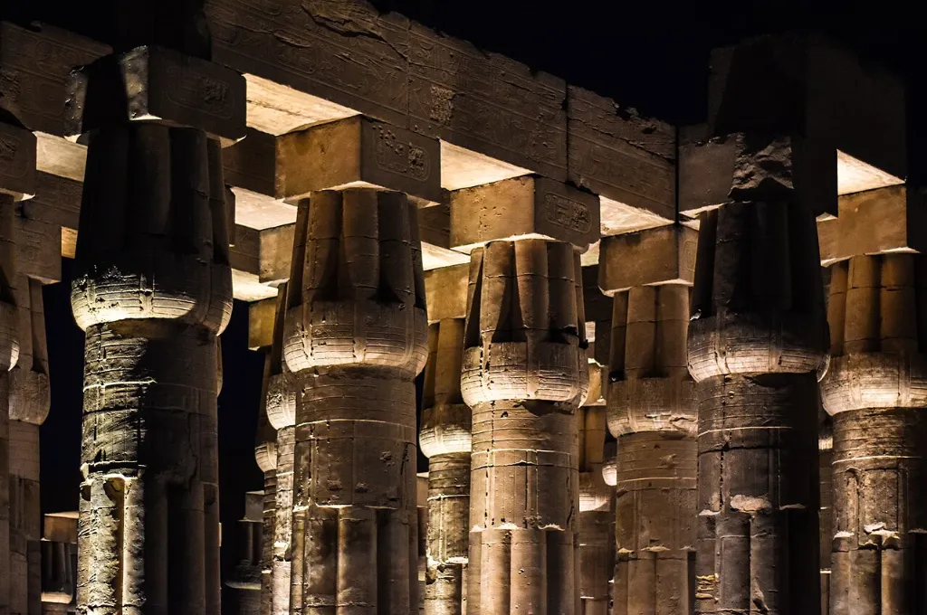 Luxor Temple columns lit at night, a highlight of Christmas Eve on a Nile cruise