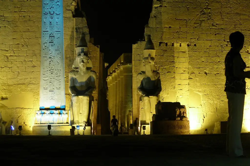 Luxor Temple lit gold at night, a festive Christmas in Egypt evening (view 2)