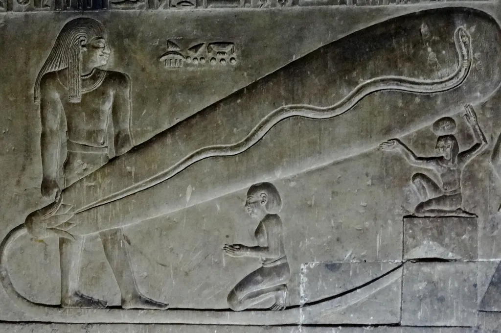 Dendera lights relief showing a snake inside a bulb-shaped lotus in the crypt