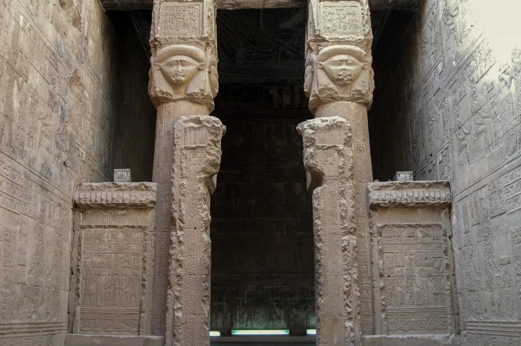 Hathor columns of the Wabet shrine at the temple of Hathor in Dendera, Egypt