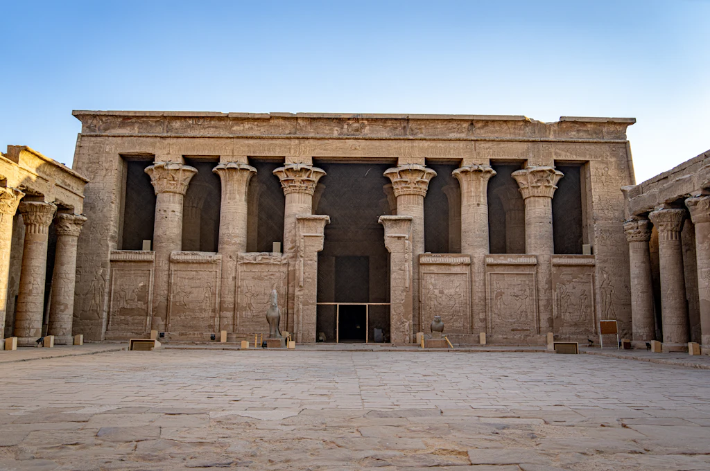 Edfu Temple courtyard visited on a dahabiya Nile cruise from Luxor to Aswan