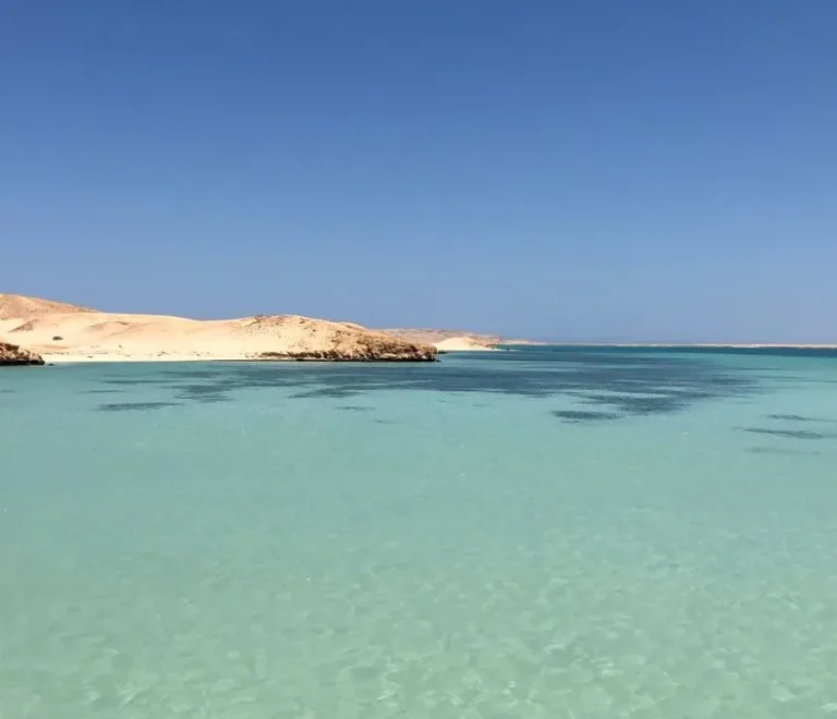 Turquoise Red Sea shoreline near Hurghada, reached by plane, bus or private transfer