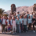 Travelers posing near the Colossi of Memnon in Luxor, Egypt