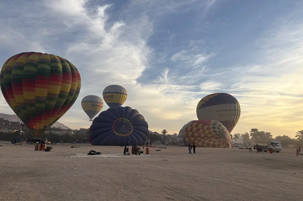 Several balloons after a sunrise hot air balloon ride in Luxor