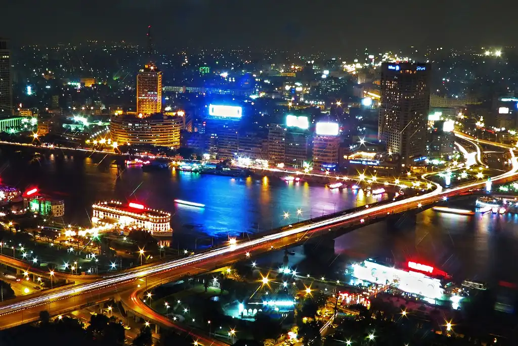 Cairo and the Nile lit up at night, New Year in Egypt