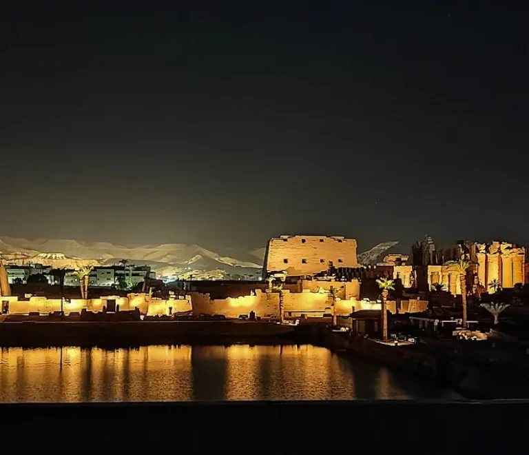 Luxor lights reflected on the Nile at night, the setting for New Year in Luxor