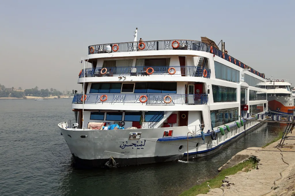 Nile cruise ship moored on the river, a classic choice for a New Year Nile cruise