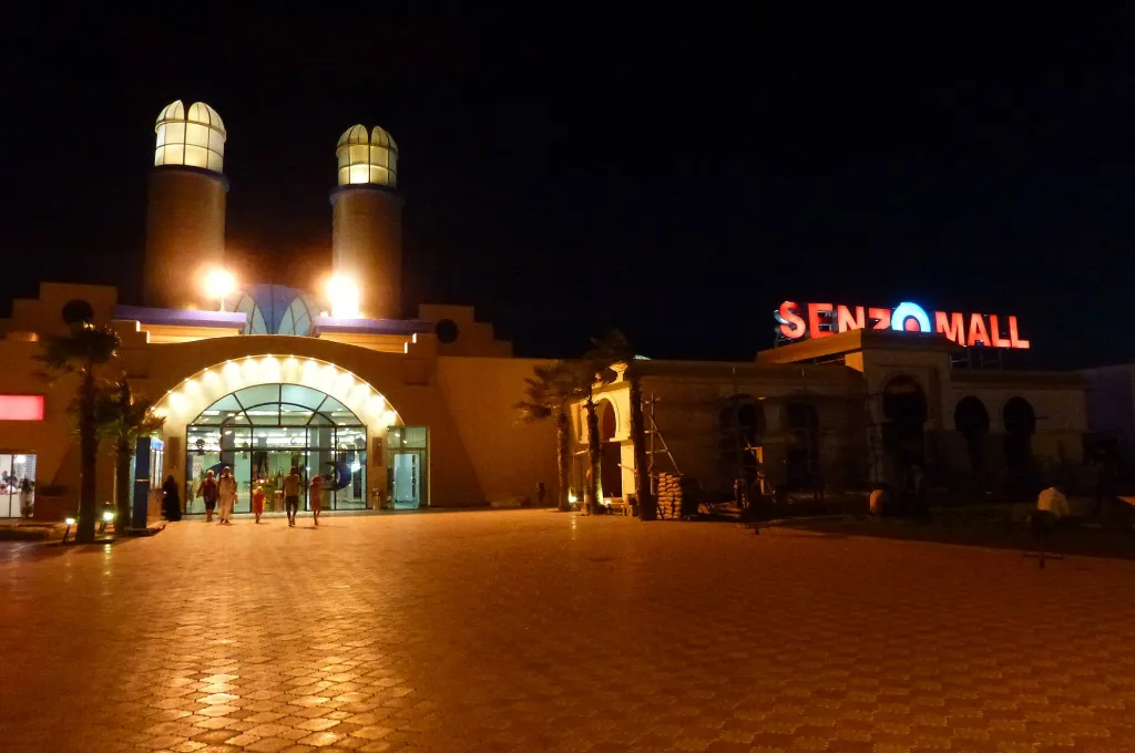 Senzo Mall lit at night, an evening landmark for New Year's Eve in Hurghada
