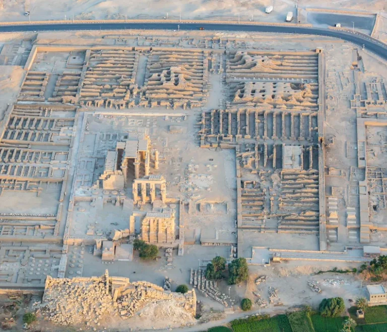 Aerial view of the Ramesseum, the mortuary temple of Ramesses II on Luxor's West Bank