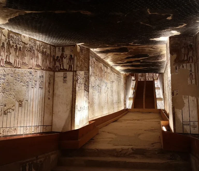 Decorated descending corridor inside the Seti I tomb (KV17) in the Valley of the Kings