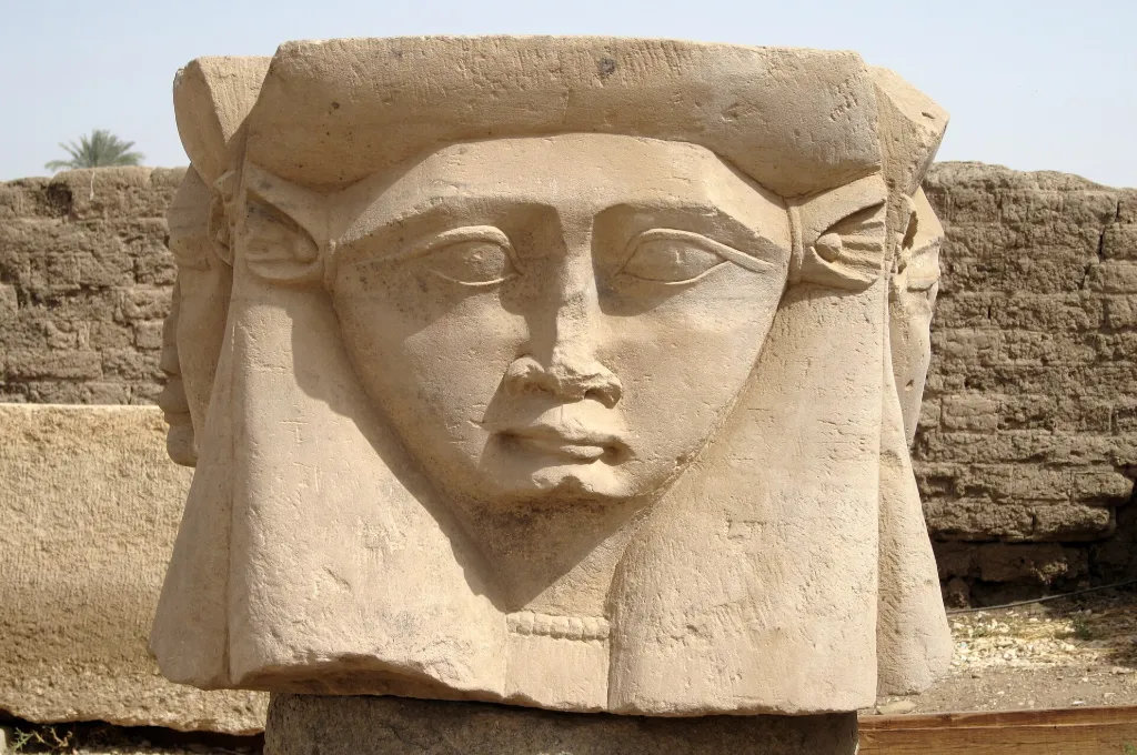 Hathor-headed capital at the temple of Hathor in Dendera, Egypt