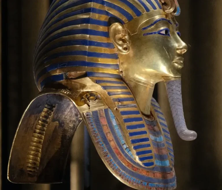Golden funerary mask of Tutankhamun, whose tomb KV62 lies in the Valley of the Kings