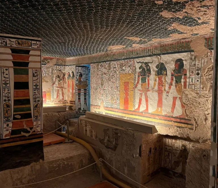 Painted pillared burial chamber in Nefertari's tomb, the star of the Valley of the Queens near Luxor